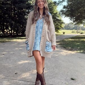 BiBi Beige Cardigan with Denim Hood